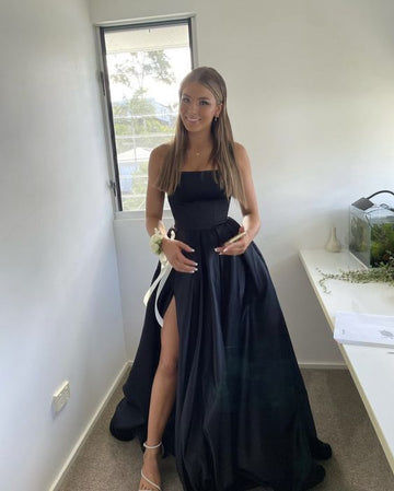 A Line Strapless Black Satin Evening Dress With Split Prom Dresses SD1715 HZ0628